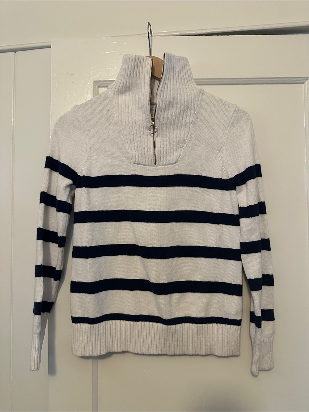 J. Crew White & Navy Striped Half-Zip Turtleneck Sweater